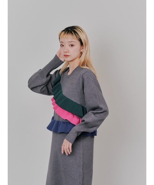 DOLLUPOOPS（ドールアップウップス）の「配色フリルティアードニットワンピース（ワンピース・レディース・チャコールグレー/ネイビー/ブラック・38）」の6枚目の写真