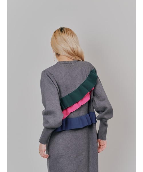 DOLLUPOOPS（ドールアップウップス）の「配色フリルティアードニットワンピース（ワンピース・レディース・チャコールグレー/ネイビー/ブラック・38）」の7枚目の写真