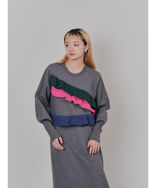 DOLLUPOOPS（ドールアップウップス）の「配色フリルティアードニットワンピース（ワンピース・レディース・チャコールグレー/ネイビー/ブラック・38）」の18枚目の写真