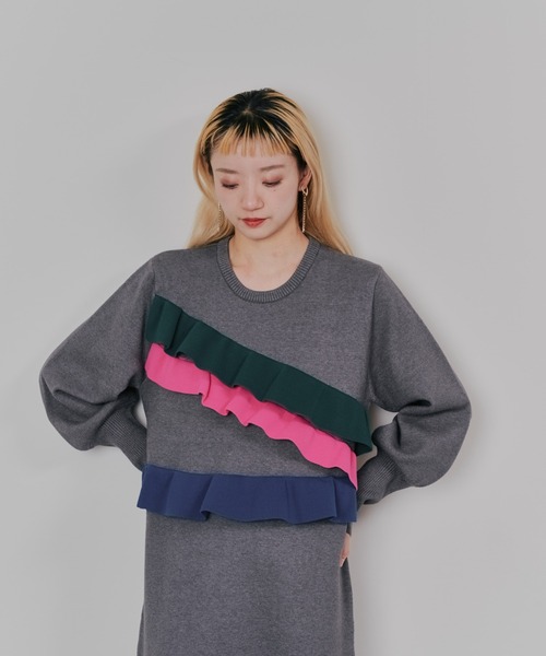 DOLLUPOOPS（ドールアップウップス）の「配色フリルティアードニットワンピース（ワンピース・レディース・チャコールグレー/ネイビー/ブラック・38）」の17枚目の写真