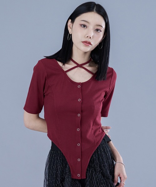 Ellno de Mavie(エルノデメヴィ)の「2wayコードネックリブT(Tシャツ/カットソー・レディース・ブラック/ボルドー・FREE)」の3枚目の写真