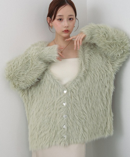 Bab(バブ)の「【選べる着丈/前後2WAY】ニュアンスハートボタンシャギーニットカーディガン(カーディガン/ボレロ・レディース・チャコールグレー/C/アイボリー/B/D/ライトグレー/ライトグリーン/A・FREE)」の1枚目の写真