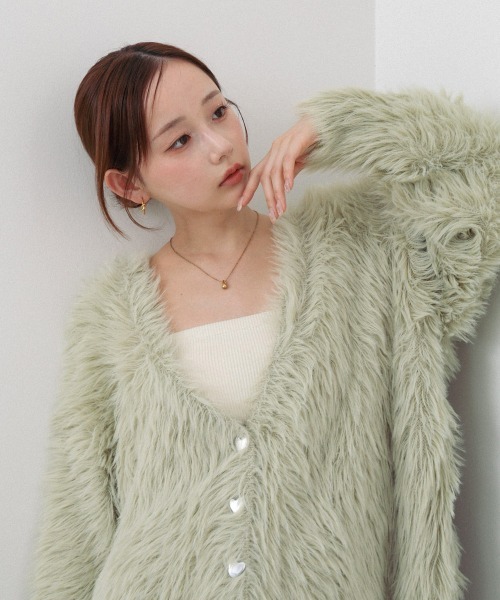 Bab(バブ)の「【選べる着丈/前後2WAY】ニュアンスハートボタンシャギーニットカーディガン(カーディガン/ボレロ・レディース・チャコールグレー/C/アイボリー/B/D/ライトグレー/ライトグリーン/A・FREE)」の9枚目の写真