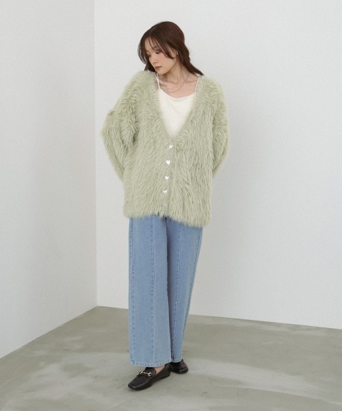 Bab(バブ)の「【選べる着丈/前後2WAY】ニュアンスハートボタンシャギーニットカーディガン(カーディガン/ボレロ・レディース・チャコールグレー/C/アイボリー/B/D/ライトグレー/ライトグリーン/A・FREE)」の14枚目の写真