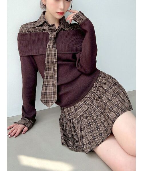 新品未使用　訳あり　チェックレイヤードトップス 150cm セール】シャツレイヤードニットトップス（ニット/セーター