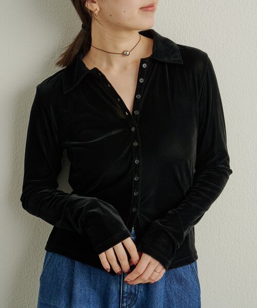 Omekashi(オメカシ)の「シアーベロア襟付きカーディガン(Tシャツ/カットソー・レディース・ブラック/オフホワイト/キャメル・FREE)」の22枚目の写真