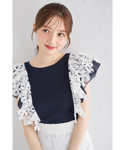 tocco closet(トッコ クローゼット)の「【ZOZO限定】リボンレース×オーガンジーフリルスリーブリブニットトップス(Tシャツ/カットソー・レディース・ネイビー/ブラック/モカ・M)」の3枚目の写真