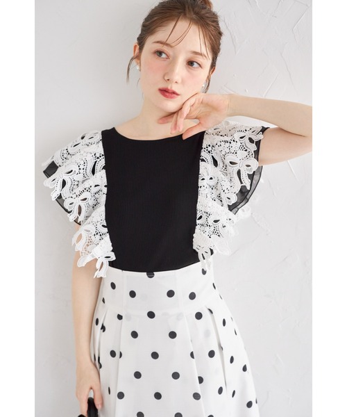 tocco closet(トッコ クローゼット)の「【ZOZO限定】リボンレース×オーガンジーフリルスリーブリブニットトップス(Tシャツ/カットソー・レディース・ネイビー/ブラック/モカ・M)」の2枚目の写真