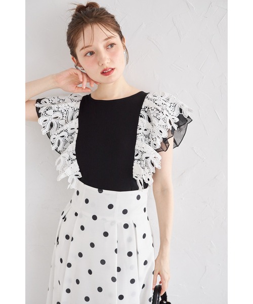tocco closet(トッコ クローゼット)の「【ZOZO限定】リボンレース×オーガンジーフリルスリーブリブニットトップス(Tシャツ/カットソー・レディース・ネイビー/ブラック/モカ・M)」の8枚目の写真