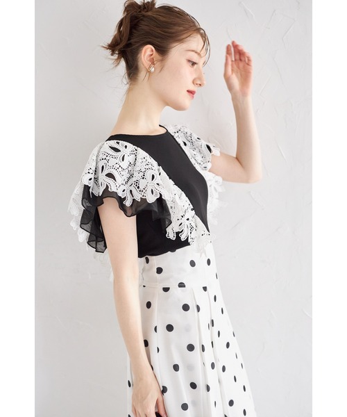 tocco closet(トッコ クローゼット)の「【ZOZO限定】リボンレース×オーガンジーフリルスリーブリブニットトップス(Tシャツ/カットソー・レディース・ネイビー/ブラック/モカ・M)」の10枚目の写真