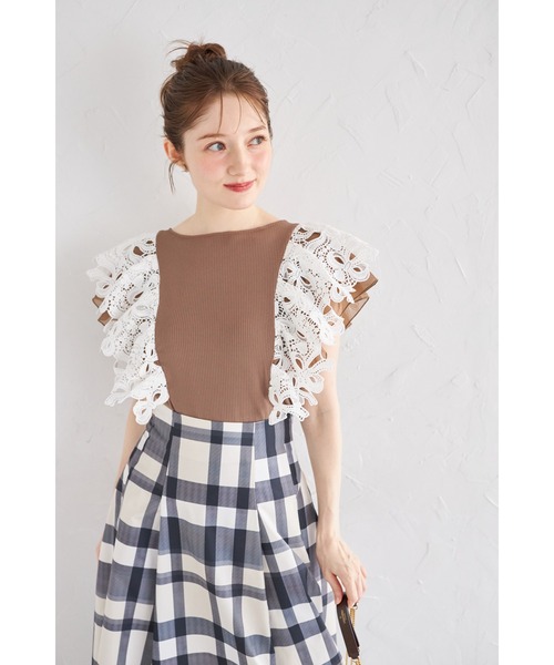 tocco closet(トッコ クローゼット)の「【ZOZO限定】リボンレース×オーガンジーフリルスリーブリブニットトップス(Tシャツ/カットソー・レディース・ネイビー/ブラック/モカ・M)」の18枚目の写真