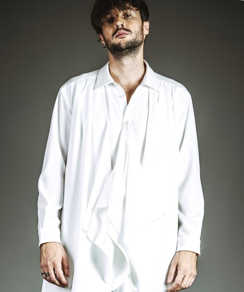 NO ID.(ノーアイディ)の「【NO ID.】Drape Long Shirt / ドレープ ロング シャツ(シャツ/ブラウス・メンズ・チェック/ホワイト/ブラック・ONE SIZE)」の2枚目の写真