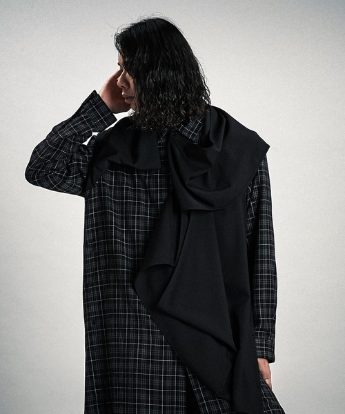 NO ID.(ノーアイディ)の「【NO ID.】Drape Long Shirt / ドレープ ロング シャツ(シャツ/ブラウス・メンズ・チェック/ホワイト/ブラック・ONE SIZE)」の10枚目の写真