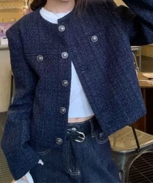 ノーカラージャケット（ブルー・ネイビー/青色系・ツイード