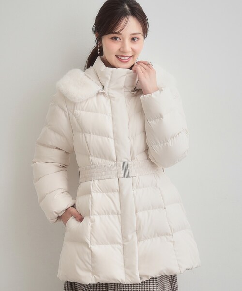 セール】【2WAY・ベルト付き】フードフェイクファー ミドル丈ダウン
