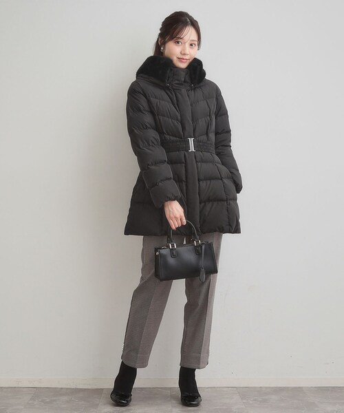 セール】【2WAY・ベルト付き】フードフェイクファー ミドル丈ダウン