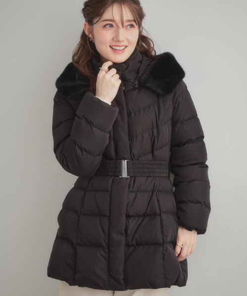 セール】【2WAY・ベルト付き】フードフェイクファー ミドル丈ダウン