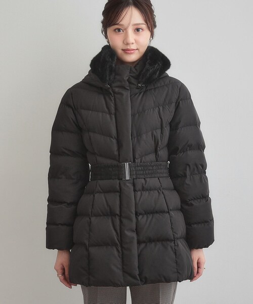 セール】【2WAY・ベルト付き】フードフェイクファー ミドル丈ダウン