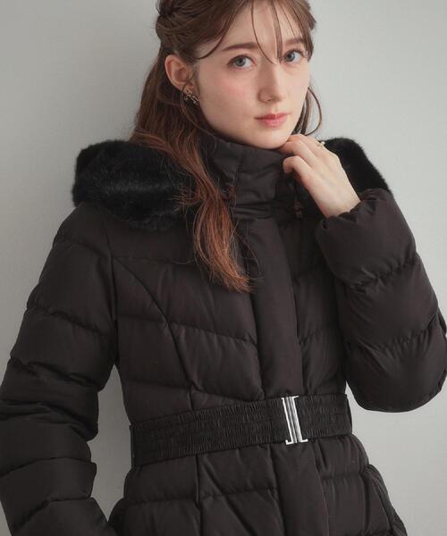 セール】【2WAY・ベルト付き】フードフェイクファー ミドル丈ダウン