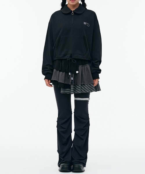 TUOMIO(トゥオミオ)の「【TUOMIO】ROUND COLLAR STRING TOP / 【トゥオミオ】ラウンドカラーストリングハーフジップスェット(スウェット・レディース・ブラック/グレー・S)」の5枚目の写真