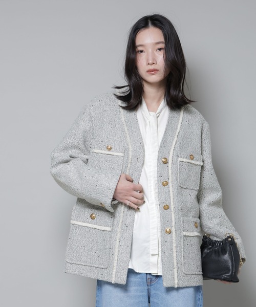 ネオンツイード ノーカラージャケット L】ネオンカラーミックスツィード ノーカラージャケット