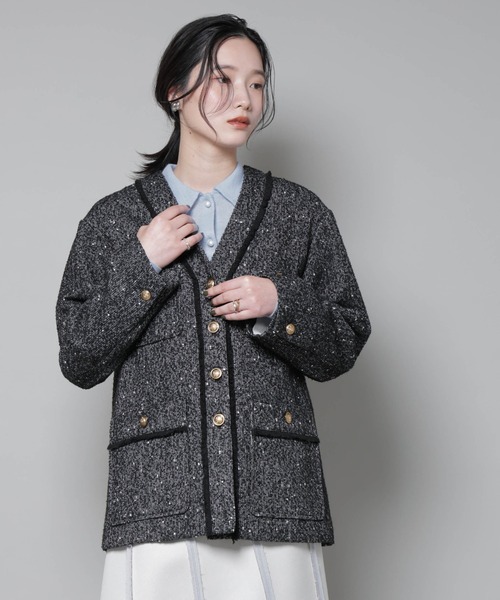 セール】ネップツイードノーカラージャケット（ノーカラージャケット