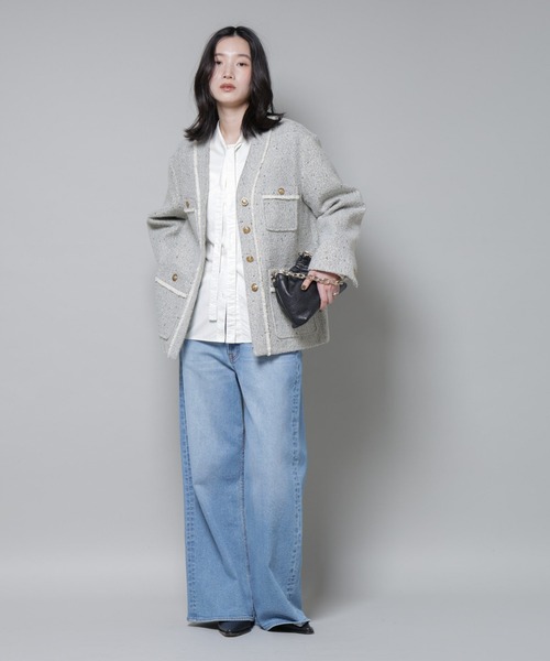 NANO universe（ナノユニバース）の「ネップツイードノーカラージャケット（ノーカラージャケット・レディース・オフホワイト/ブラック・S/M）」の6枚目の写真