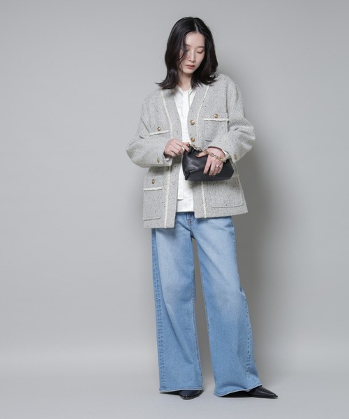 セール】ネップツイードノーカラージャケット（ノーカラージャケット