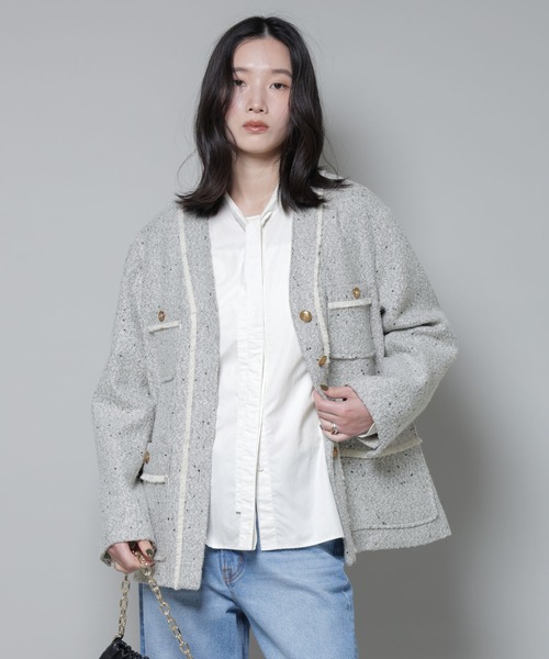 NANO universe（ナノユニバース）の「ネップツイードノーカラージャケット（ノーカラージャケット・レディース・オフホワイト/ブラック・S/M）」の3枚目の写真