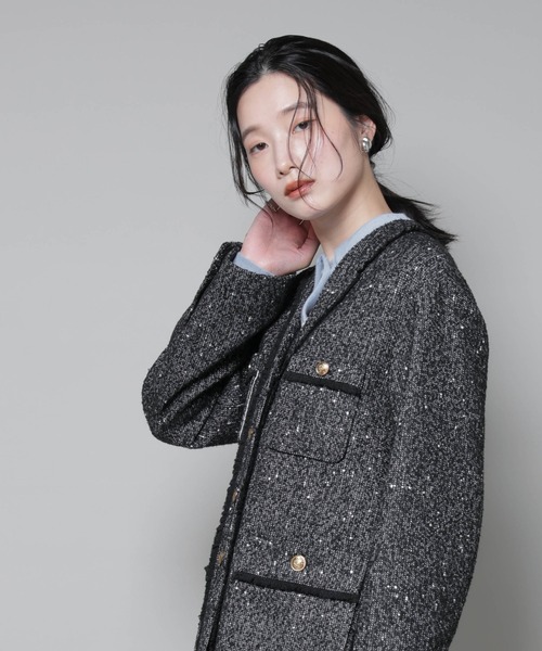 NANO universe（ナノユニバース）の「ネップツイードノーカラージャケット（ノーカラージャケット・レディース・オフホワイト/ブラック・S/M）」の11枚目の写真