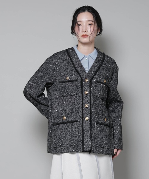 セール】ネップツイードノーカラージャケット（ノーカラージャケット