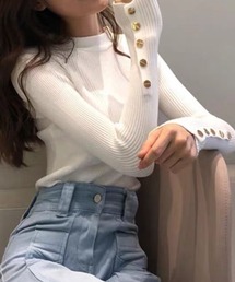 ボタンスリーブプチハイネックリブニットトップス