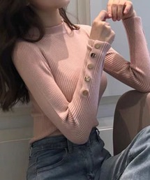 ボタンスリーブプチハイネックリブニットトップス
