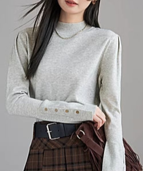 gossip!ロサンゼルス(ゴシップロサンゼルス)の「スリーブボタン モックネックカットソー(Tシャツ/カットソー・レディース・グレー/ブラック・FREE)」の3枚目の写真