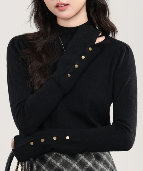 gossip!ロサンゼルス(ゴシップロサンゼルス)の「スリーブボタン モックネックカットソー(Tシャツ/カットソー・レディース・グレー/ブラック・FREE)」の11枚目の写真