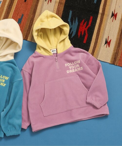 ビジュー付きピンクフリースパーカー セール】フード配色フリースパーカー_ジュニア対応（パーカー