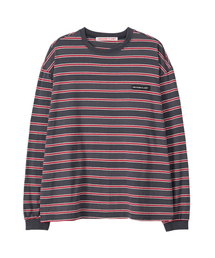 アイビーストライプラウンドロングスリーブTシャツグレー