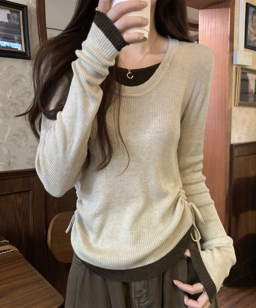 MAISON DE THERESE（メゾン ド テレーズ）の「コンビカラー Uネック 疑似ツーニット（ニット/セーター・レディース・ベージュ/グレー/ブラウン・M）」の3枚目の写真