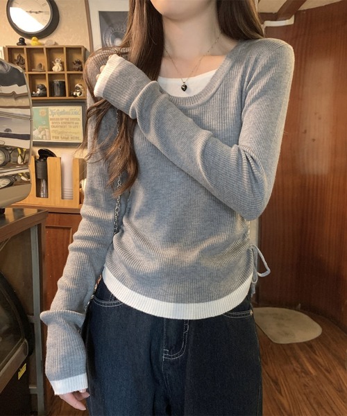 MAISON DE THERESE（メゾン ド テレーズ）の「コンビカラー Uネック 疑似ツーニット（ニット/セーター・レディース・ベージュ/グレー/ブラウン・M）」の2枚目の写真
