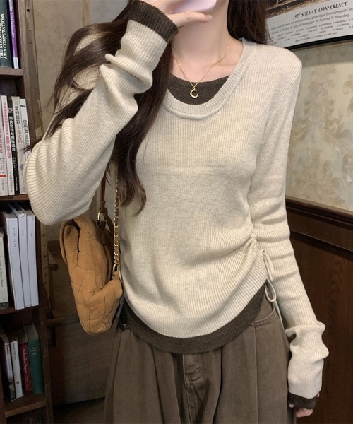 MAISON DE THERESE（メゾン ド テレーズ）の「コンビカラー Uネック 疑似ツーニット（ニット/セーター・レディース・ベージュ/グレー/ブラウン・M）」の18枚目の写真