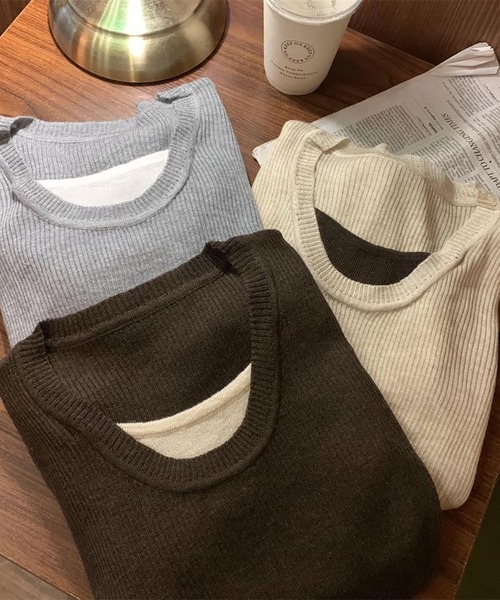 MAISON DE THERESE（メゾン ド テレーズ）の「コンビカラー Uネック 疑似ツーニット（ニット/セーター・レディース・ベージュ/グレー/ブラウン・M）」の7枚目の写真