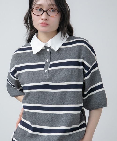 HEILIS(ヘイリス)の「シャツ襟ドッキングニットトップス / ボーダー 無地 ボーダー ポロシャツ ブラウス ニット トップス 5分丈 半袖 オーバーサイズ レイヤード風 韓国 春服 秋服 夏服 オフィスカジュアル グレー ネイビー ブラック ノームコア カジュアル フレンチシック(ニット/セーター・レディース・グレー系/ネイビー系/ブラック/ネイビー・FREE)」の1枚目の写真