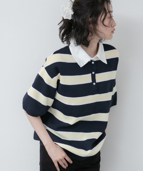 HEILIS(ヘイリス)の「シャツ襟ドッキングニットトップス / ボーダー 無地 ボーダー ポロシャツ ブラウス ニット トップス 5分丈 半袖 オーバーサイズ レイヤード風 韓国 春服 秋服 夏服 オフィスカジュアル グレー ネイビー ブラック ノームコア カジュアル フレンチシック(ニット/セーター・レディース・グレー系/ネイビー系/ブラック/ネイビー・FREE)」の4枚目の写真