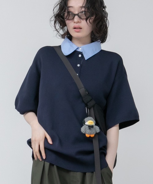 HEILIS(ヘイリス)の「シャツ襟ドッキングニットトップス / ボーダー 無地 ボーダー ポロシャツ ブラウス ニット トップス 5分丈 半袖 オーバーサイズ レイヤード風 韓国 春服 秋服 夏服 オフィスカジュアル グレー ネイビー ブラック ノームコア カジュアル フレンチシック(ニット/セーター・レディース・グレー系/ネイビー系/ブラック/ネイビー・FREE)」の3枚目の写真