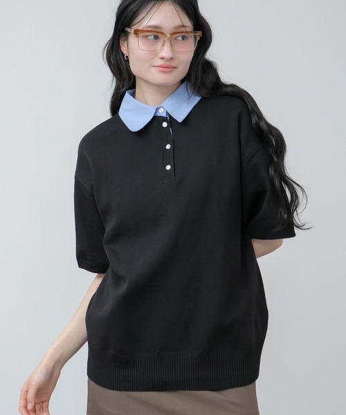 HEILIS(ヘイリス)の「シャツ襟ドッキングニットトップス / ボーダー 無地 ボーダー ポロシャツ ブラウス ニット トップス 5分丈 半袖 オーバーサイズ レイヤード風 韓国 春服 秋服 夏服 オフィスカジュアル グレー ネイビー ブラック ノームコア カジュアル フレンチシック(ニット/セーター・レディース・グレー系/ネイビー系/ブラック/ネイビー・FREE)」の2枚目の写真