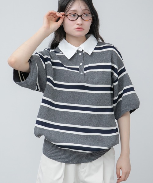 HEILIS(ヘイリス)の「シャツ襟ドッキングニットトップス / ボーダー 無地 ボーダー ポロシャツ ブラウス ニット トップス 5分丈 半袖 オーバーサイズ レイヤード風 韓国 春服 秋服 夏服 オフィスカジュアル グレー ネイビー ブラック ノームコア カジュアル フレンチシック(ニット/セーター・レディース・グレー系/ネイビー系/ブラック/ネイビー・FREE)」の14枚目の写真