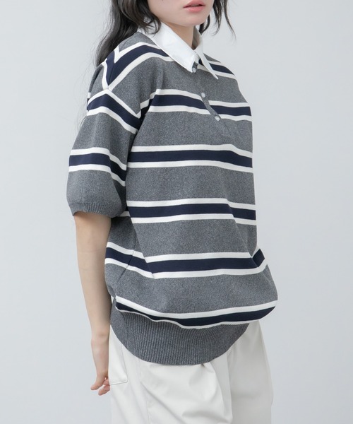 HEILIS(ヘイリス)の「シャツ襟ドッキングニットトップス / ボーダー 無地 ボーダー ポロシャツ ブラウス ニット トップス 5分丈 半袖 オーバーサイズ レイヤード風 韓国 春服 秋服 夏服 オフィスカジュアル グレー ネイビー ブラック ノームコア カジュアル フレンチシック(ニット/セーター・レディース・グレー系/ネイビー系/ブラック/ネイビー・FREE)」の15枚目の写真