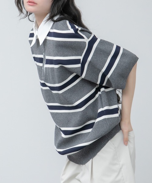 HEILIS(ヘイリス)の「シャツ襟ドッキングニットトップス / ボーダー 無地 ボーダー ポロシャツ ブラウス ニット トップス 5分丈 半袖 オーバーサイズ レイヤード風 韓国 春服 秋服 夏服 オフィスカジュアル グレー ネイビー ブラック ノームコア カジュアル フレンチシック(ニット/セーター・レディース・グレー系/ネイビー系/ブラック/ネイビー・FREE)」の16枚目の写真