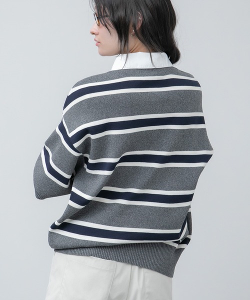 HEILIS(ヘイリス)の「シャツ襟ドッキングニットトップス / ボーダー 無地 ボーダー ポロシャツ ブラウス ニット トップス 5分丈 半袖 オーバーサイズ レイヤード風 韓国 春服 秋服 夏服 オフィスカジュアル グレー ネイビー ブラック ノームコア カジュアル フレンチシック(ニット/セーター・レディース・グレー系/ネイビー系/ブラック/ネイビー・FREE)」の17枚目の写真