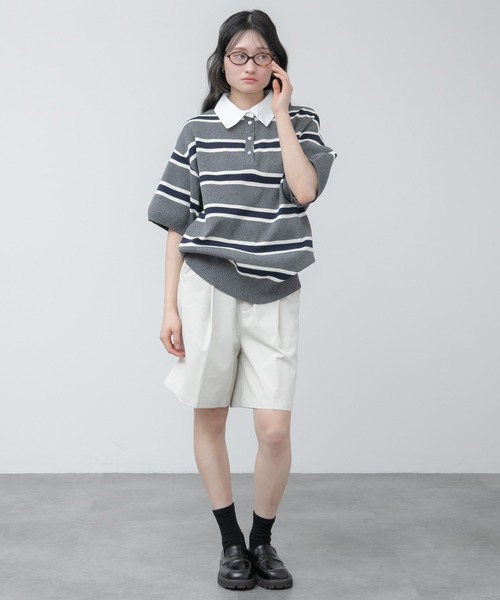 HEILIS(ヘイリス)の「シャツ襟ドッキングニットトップス / ボーダー 無地 ボーダー ポロシャツ ブラウス ニット トップス 5分丈 半袖 オーバーサイズ レイヤード風 韓国 春服 秋服 夏服 オフィスカジュアル グレー ネイビー ブラック ノームコア カジュアル フレンチシック(ニット/セーター・レディース・グレー系/ネイビー系/ブラック/ネイビー・FREE)」の18枚目の写真